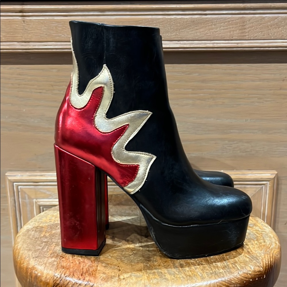 Black and red fire pattern leather platform boots